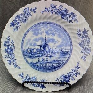 Johnson Bros Tulip Time Collector Plate Blue White Windmill Floral Scalloped Rim